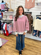 Heather Gray Mock Neck Sweater with Red Stripes - A'Bekah's Boutique