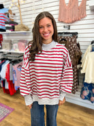 Heather Gray Mock Neck Sweater with Red Stripes - A'Bekah's Boutique