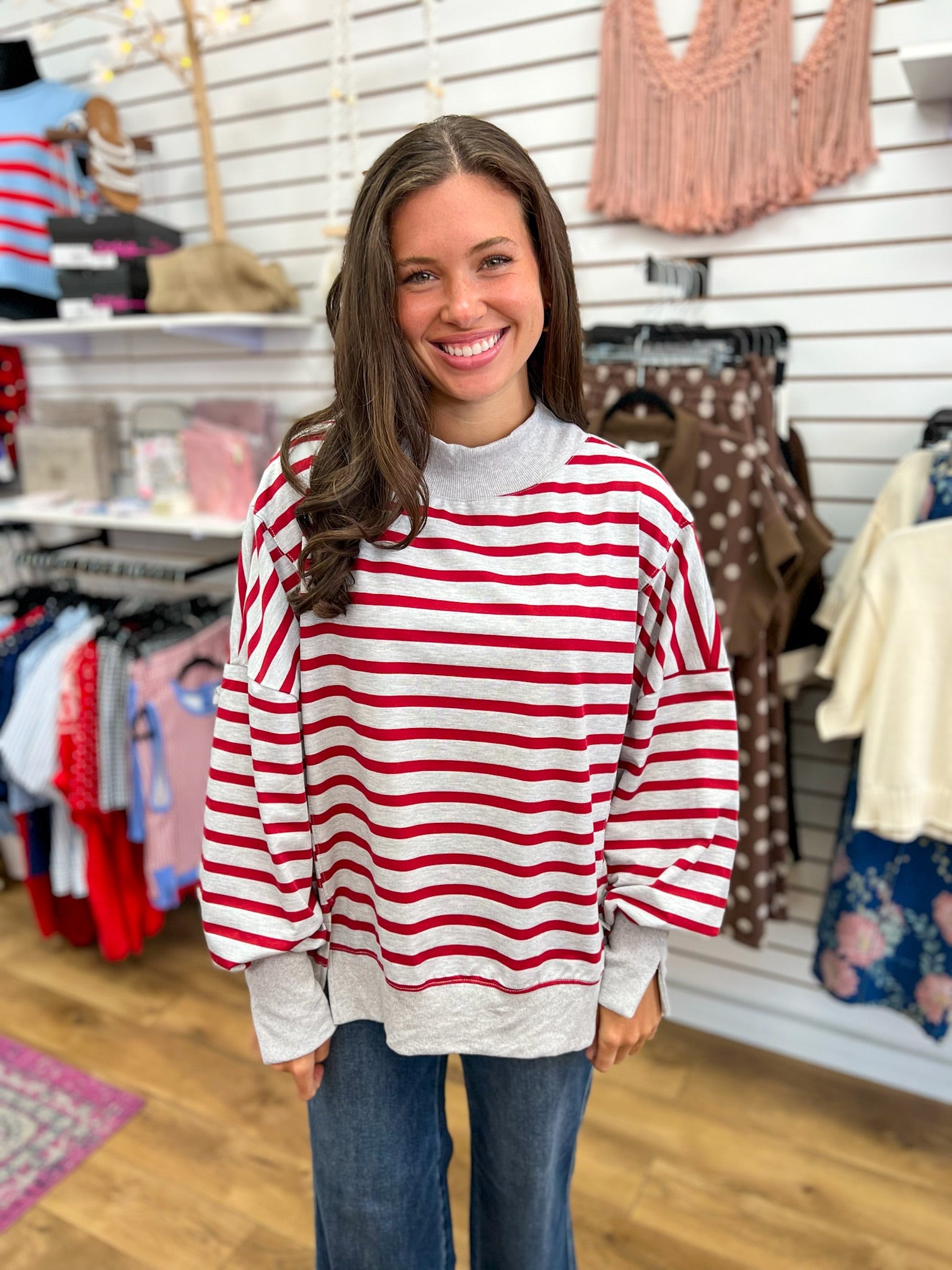 Heather Gray Mock Neck Sweater with Red Stripes - A'Bekah's Boutique