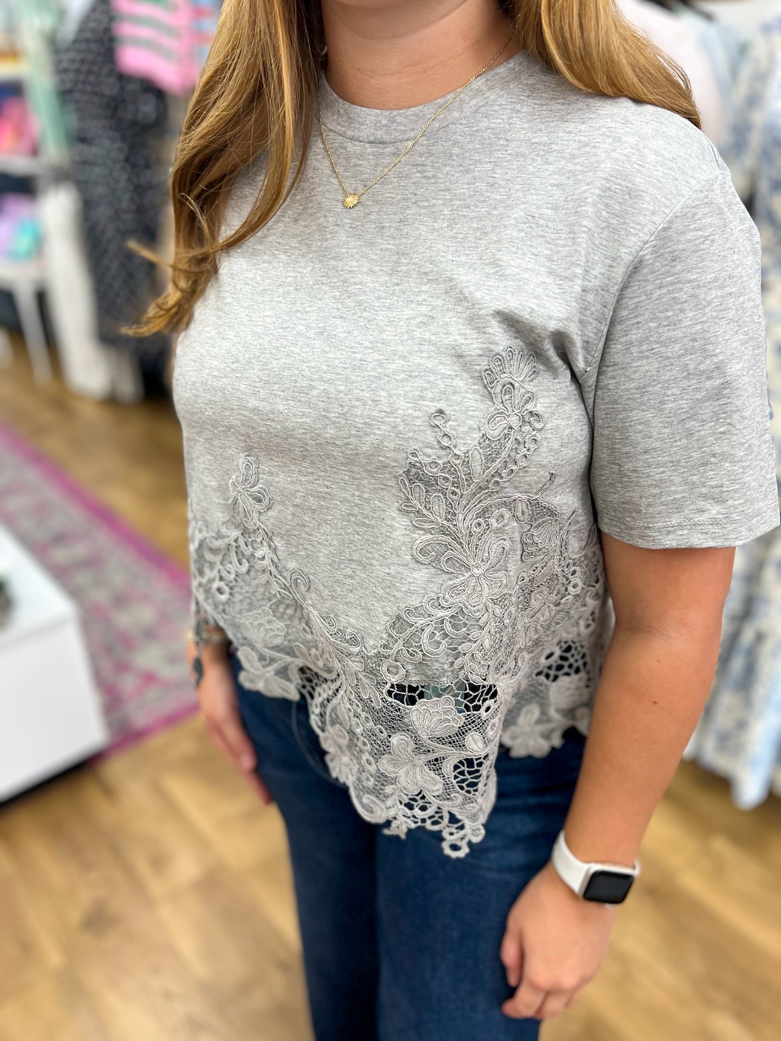 Heather Grey Short Sleeve Cotton Top with Asymmetric Lace Hem - A'Bekah's Boutique