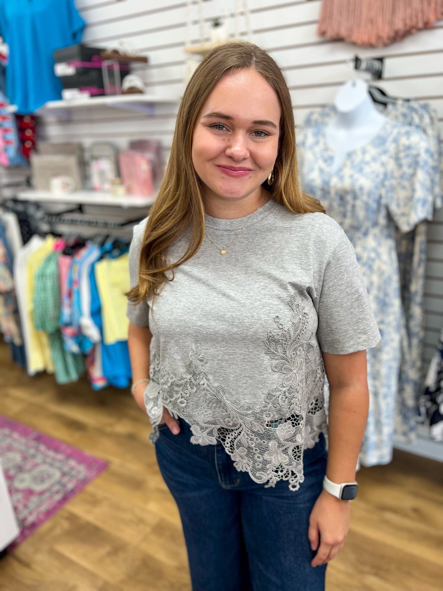 Heather Grey Short Sleeve Cotton Top with Asymmetric Lace Hem - A'Bekah's Boutique
