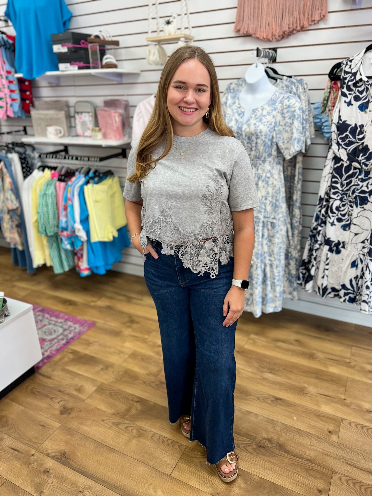 Heather Grey Short Sleeve Cotton Top with Asymmetric Lace Hem - A'Bekah's Boutique