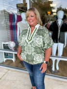 Here She Comes Olive Print V - Neck Top with Contrast Banding (C) - A'Bekah's Boutique