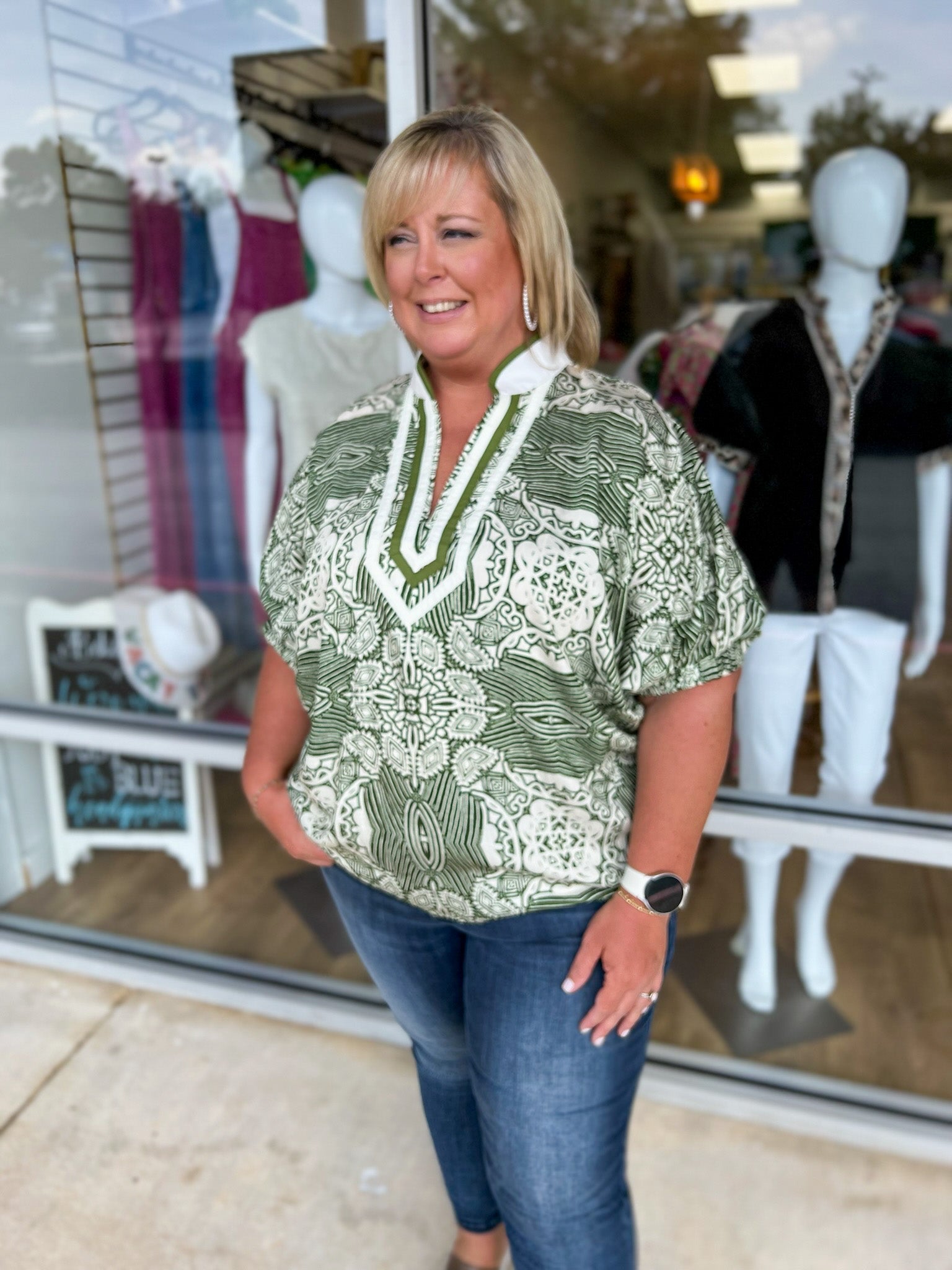 Here She Comes Olive Print V - Neck Top with Contrast Banding (C) - A'Bekah's Boutique
