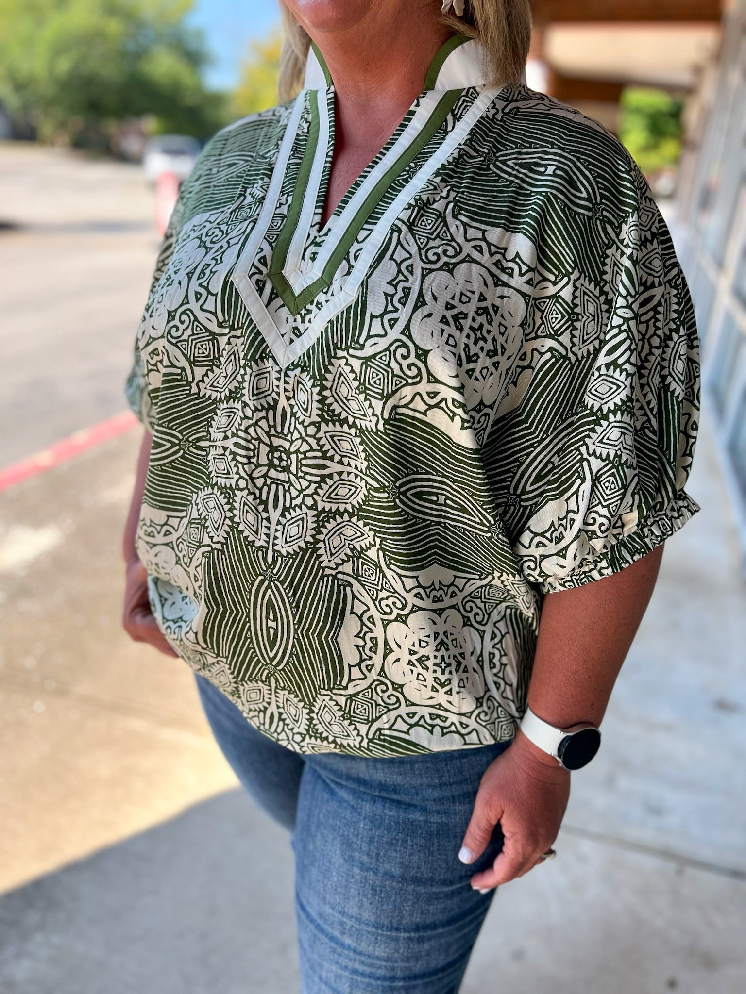 Here She Comes Olive Print V - Neck Top with Contrast Banding (C) - A'Bekah's Boutique