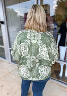 Here She Comes Olive Print V - Neck Top with Contrast Banding (C) - A'Bekah's Boutique