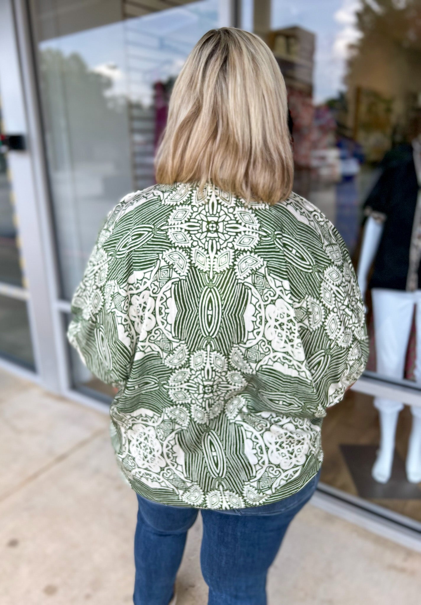 Here She Comes Olive Print V - Neck Top with Contrast Banding (C) - A'Bekah's Boutique