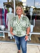 Here She Comes Olive Print V - Neck Top with Contrast Banding (C) - A'Bekah's Boutique