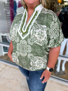 Here She Comes Olive Print V - Neck Top with Contrast Banding (C) - A'Bekah's Boutique