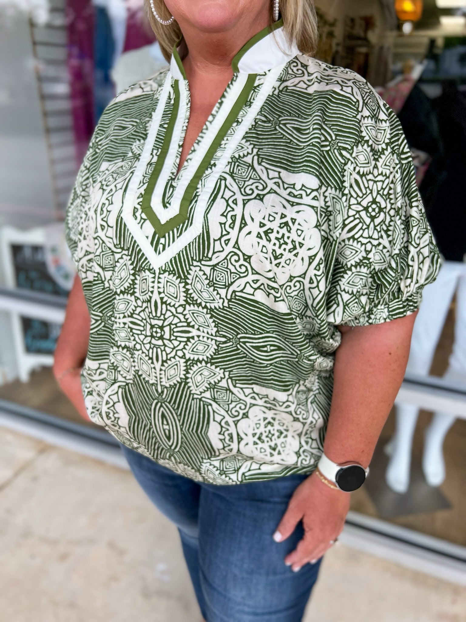 Here She Comes Olive Print V - Neck Top with Contrast Banding (C) - A'Bekah's Boutique