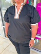 Here You Go Black V - Neck Top with Multicolor Banding (C) - A'Bekah's Boutique