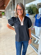 Here You Go Black V - Neck Top with Multicolor Banding (R) - A'Bekah's Boutique