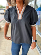 Here You Go Black V - Neck Top with Multicolor Banding (R) - A'Bekah's Boutique