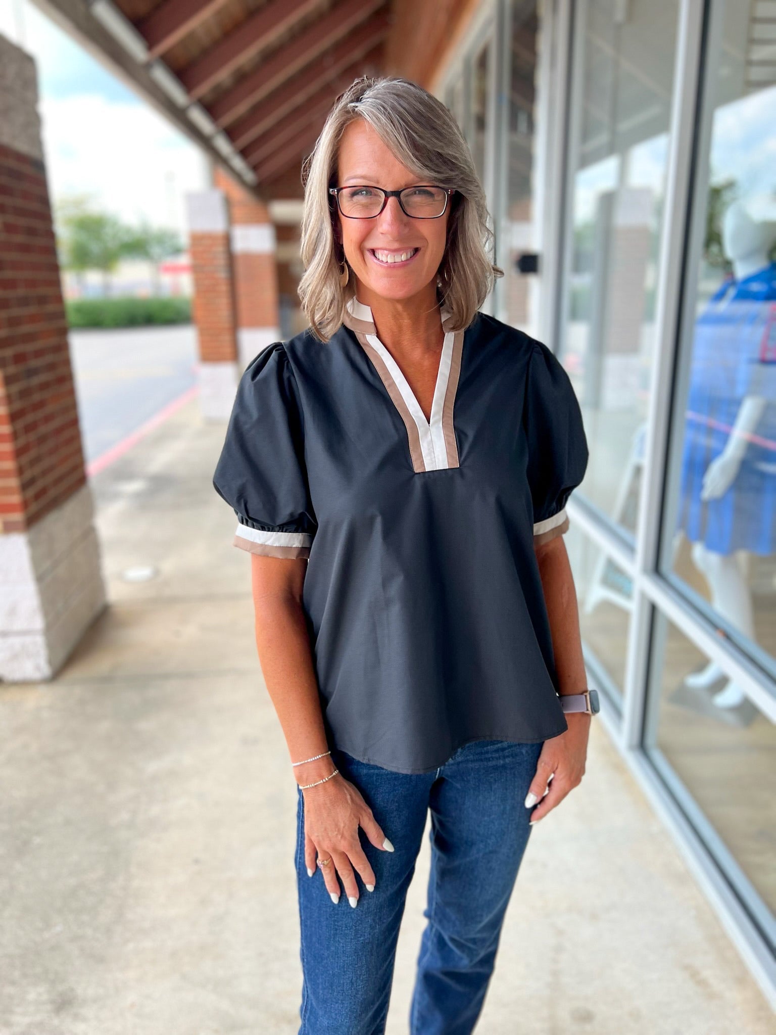 Here You Go Black V - Neck Top with Multicolor Banding (R) - A'Bekah's Boutique