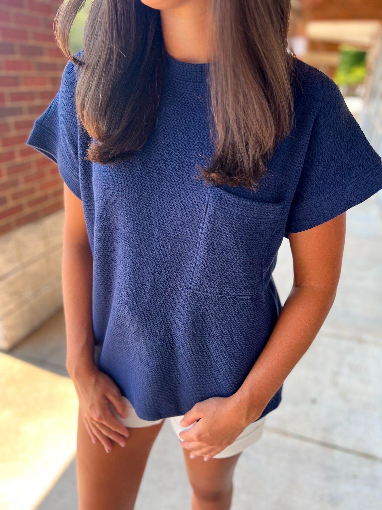 Here's Your Chance Navy Cloudy Knit Short Sleeve Top - A'Bekah's Boutique