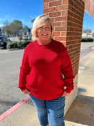 Hold On Curvy Ruby Red Waffle Knit Sweater - A'Bekah's Boutique