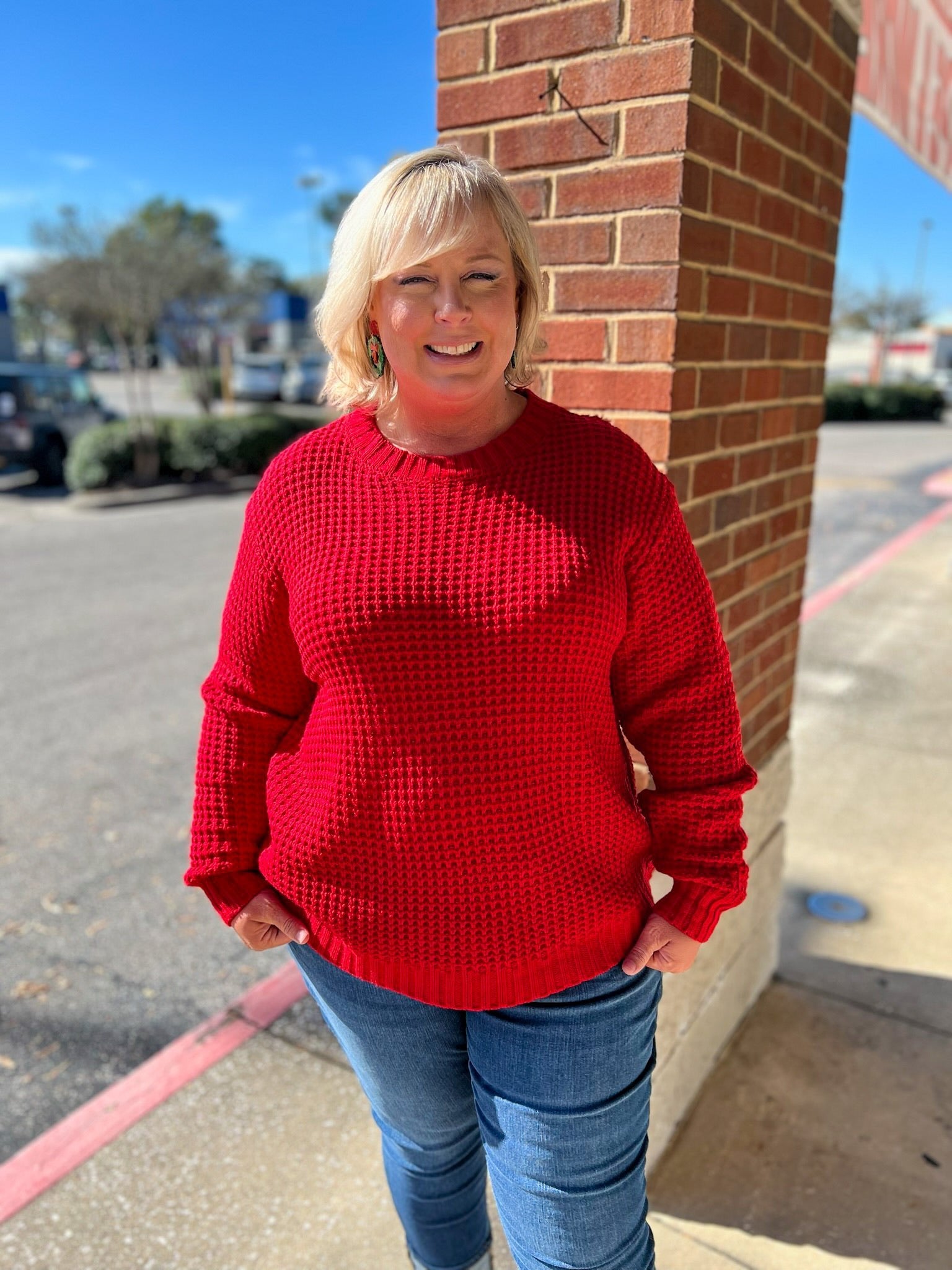 Hold On Curvy Ruby Red Waffle Knit Sweater - A'Bekah's Boutique