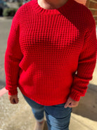 Hold On Curvy Ruby Red Waffle Knit Sweater - A'Bekah's Boutique