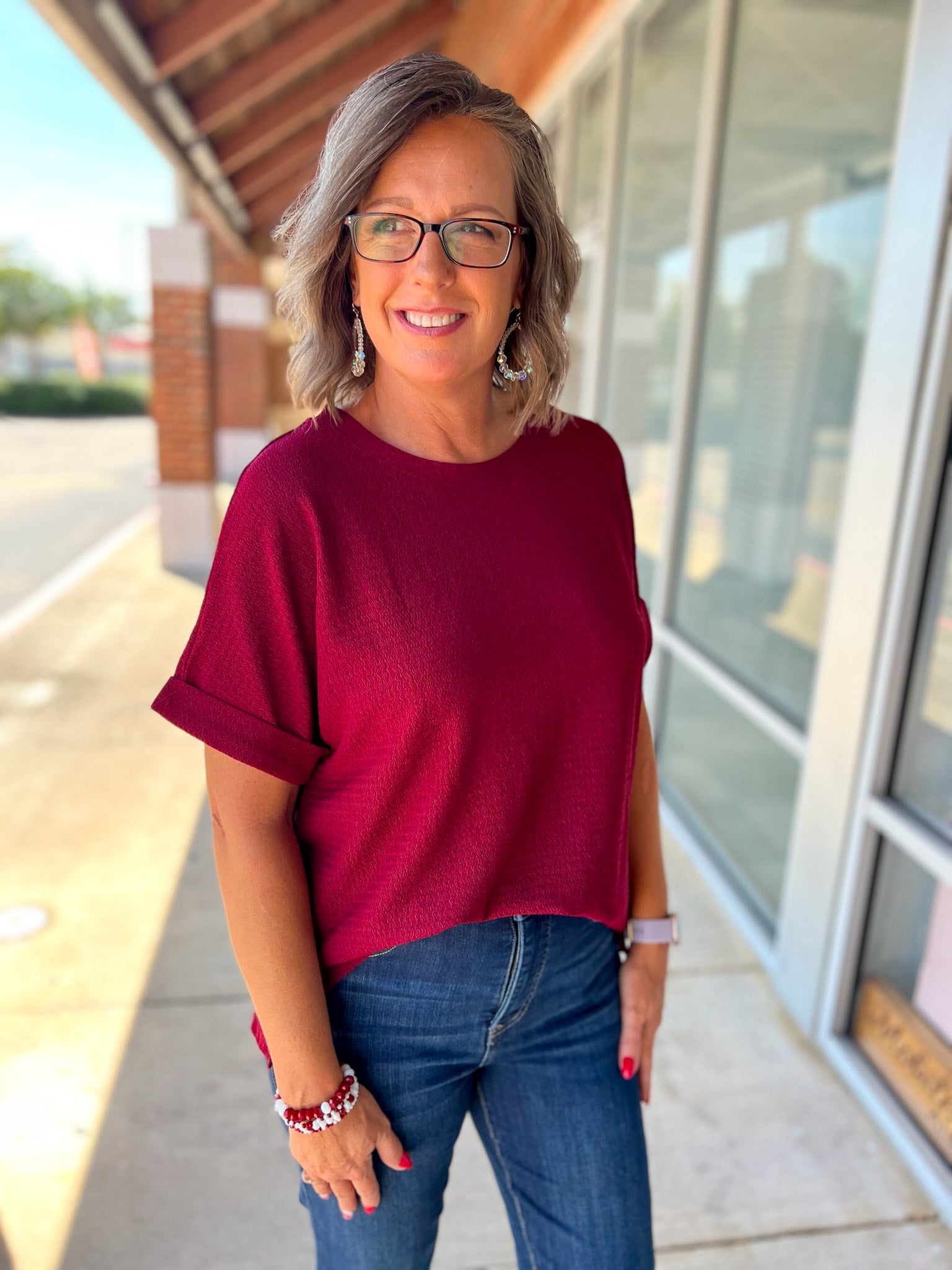Hold On Tight Burgundy Textured Knit Short Sleeve Top (C) - A'Bekah's Boutique