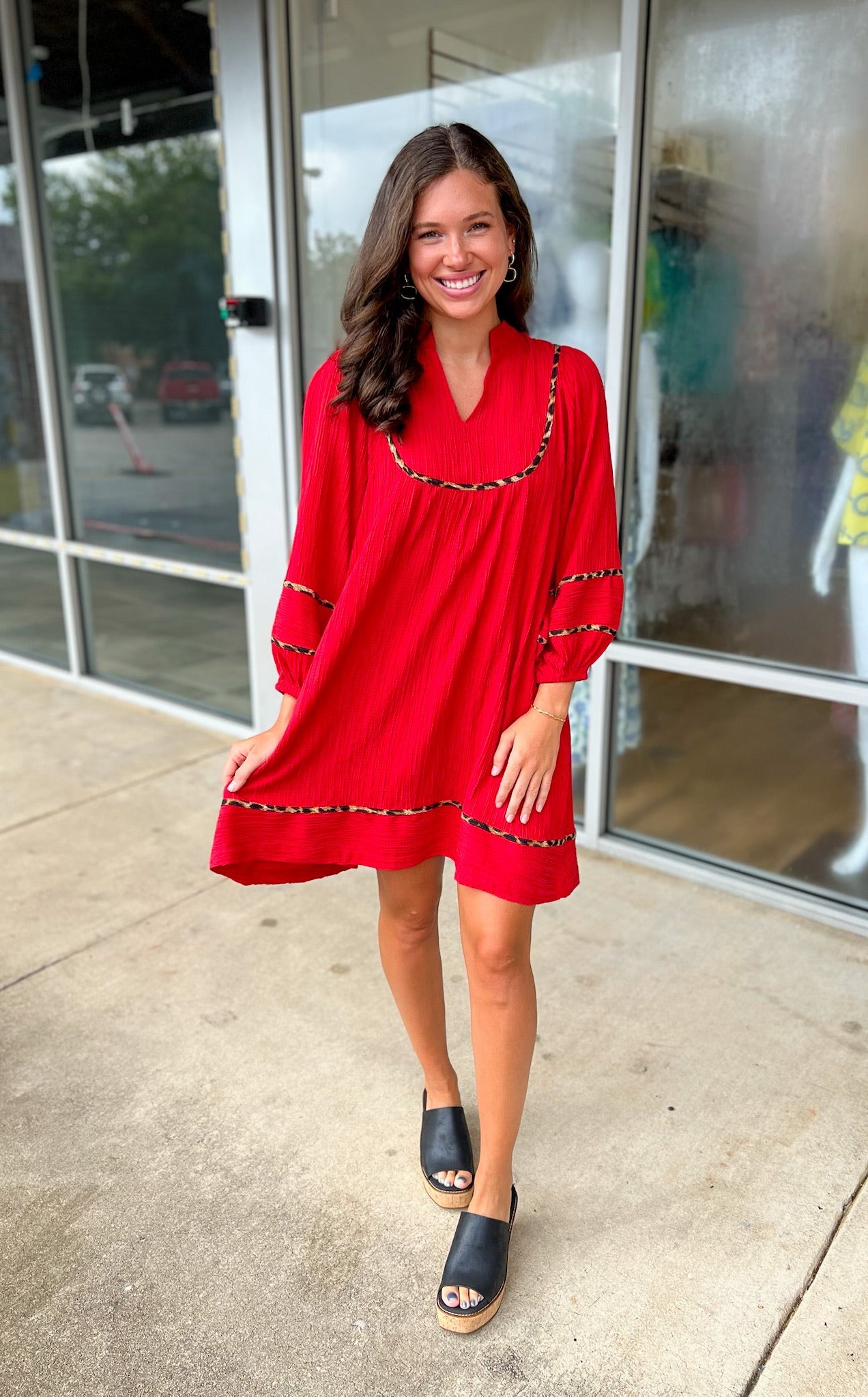 Holding My Heart Red Dress with Leopard Print Piping - A'Bekah's Boutique