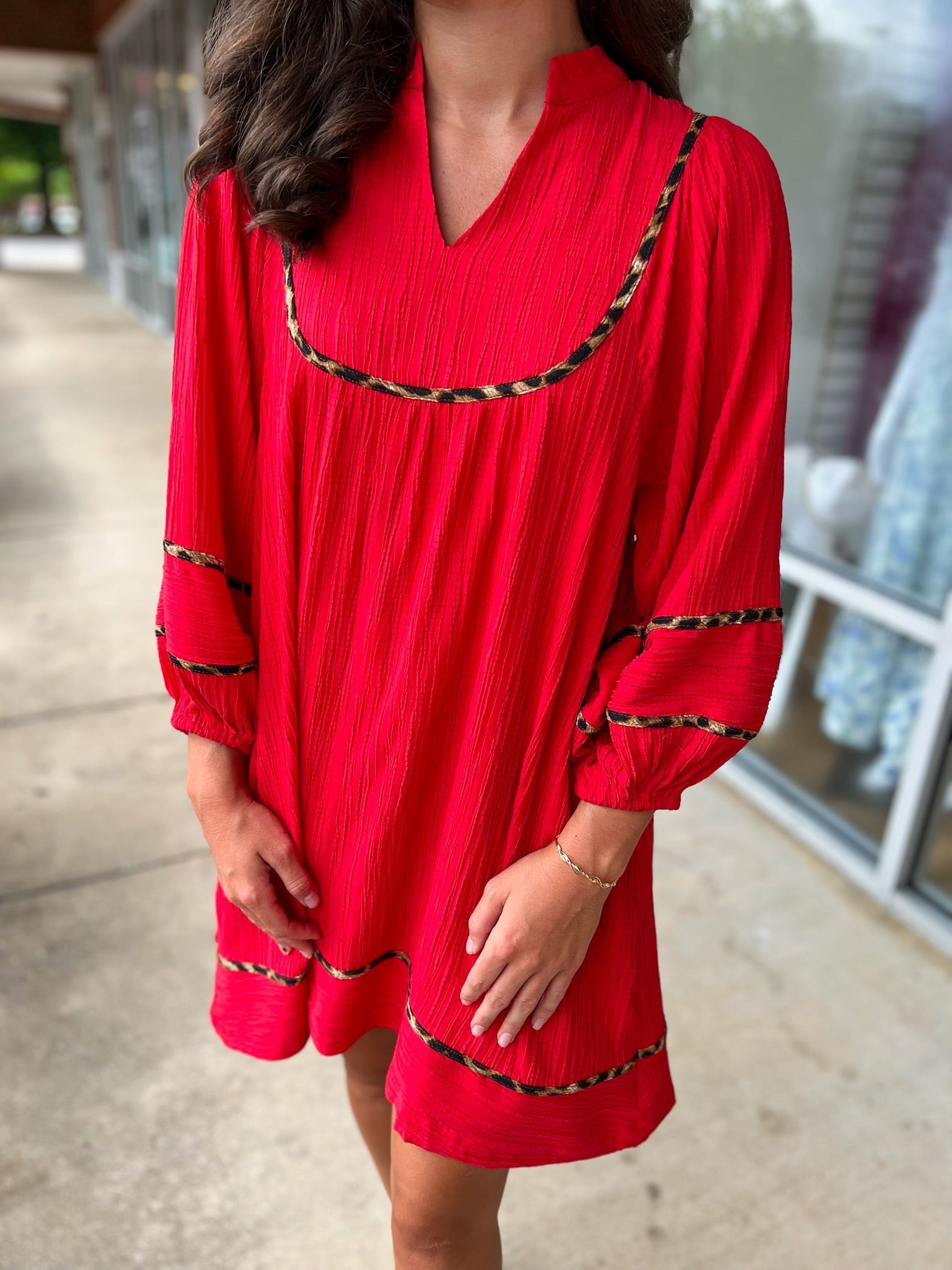 Holding My Heart Red Dress with Leopard Print Piping - A'Bekah's Boutique