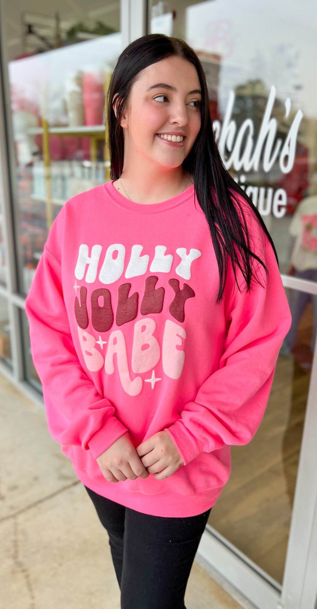 Holly Jolly Babe Pink Sweatshirt with Puff Lettering - A'Bekah's Boutique