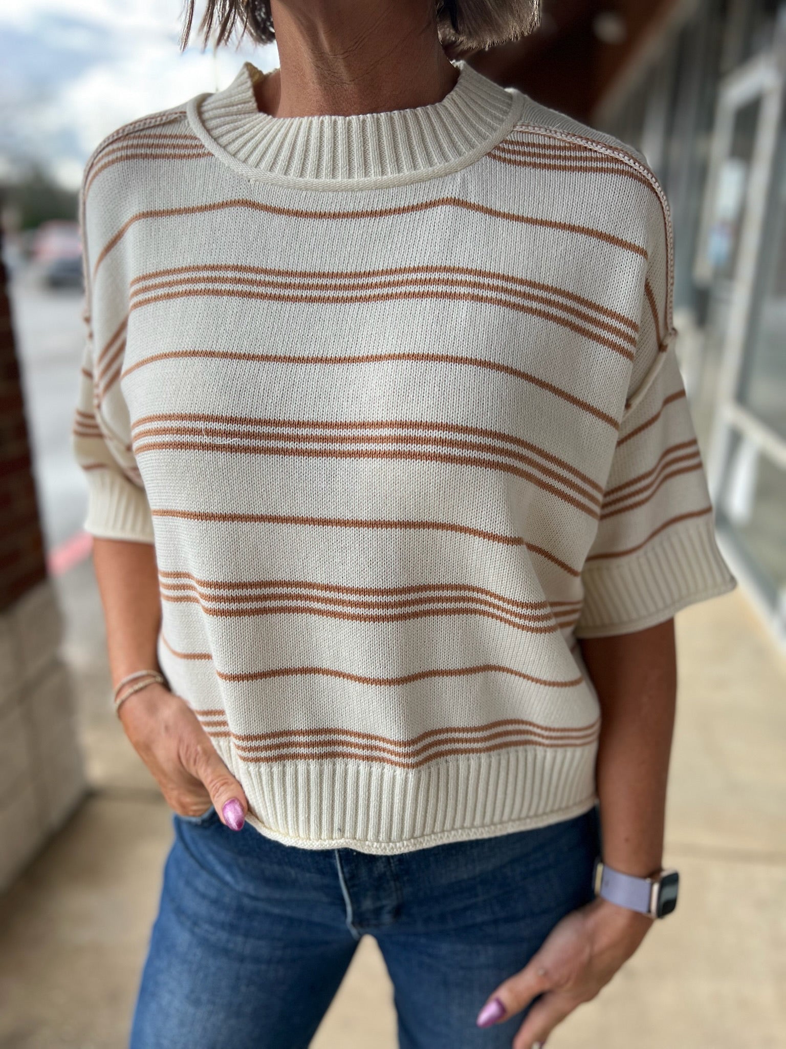 Honey Oat Striped Short Sleeve Lightweight Sweater - A'Bekah's Boutique