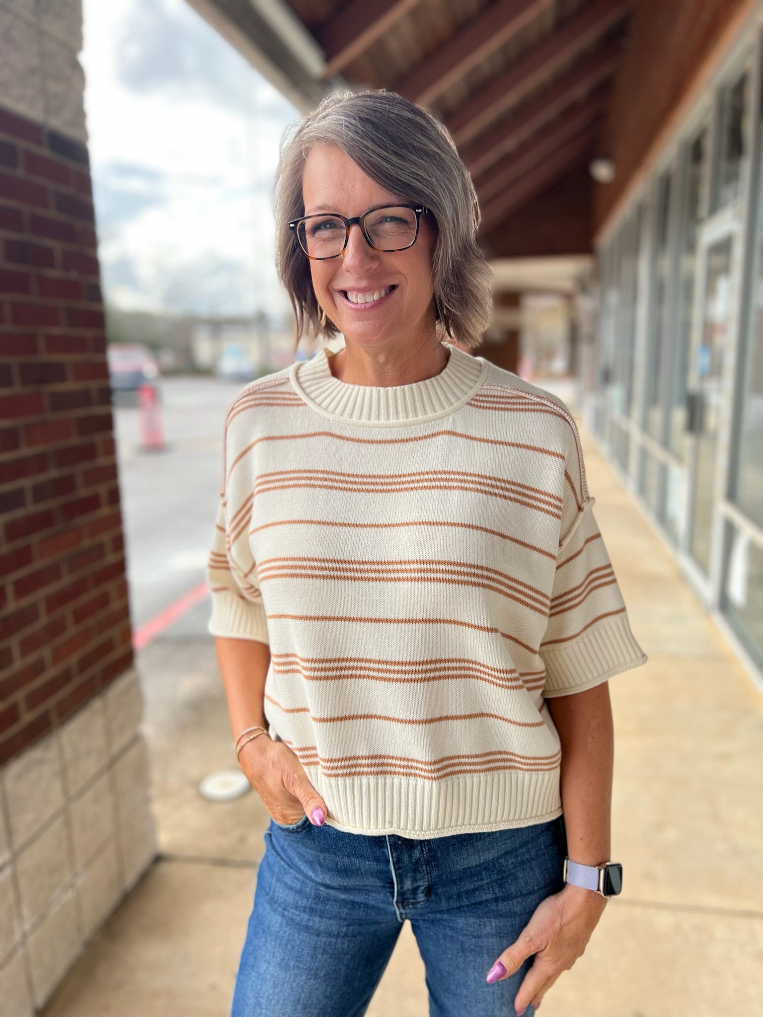 Honey Oat Striped Short Sleeve Lightweight Sweater - A'Bekah's Boutique