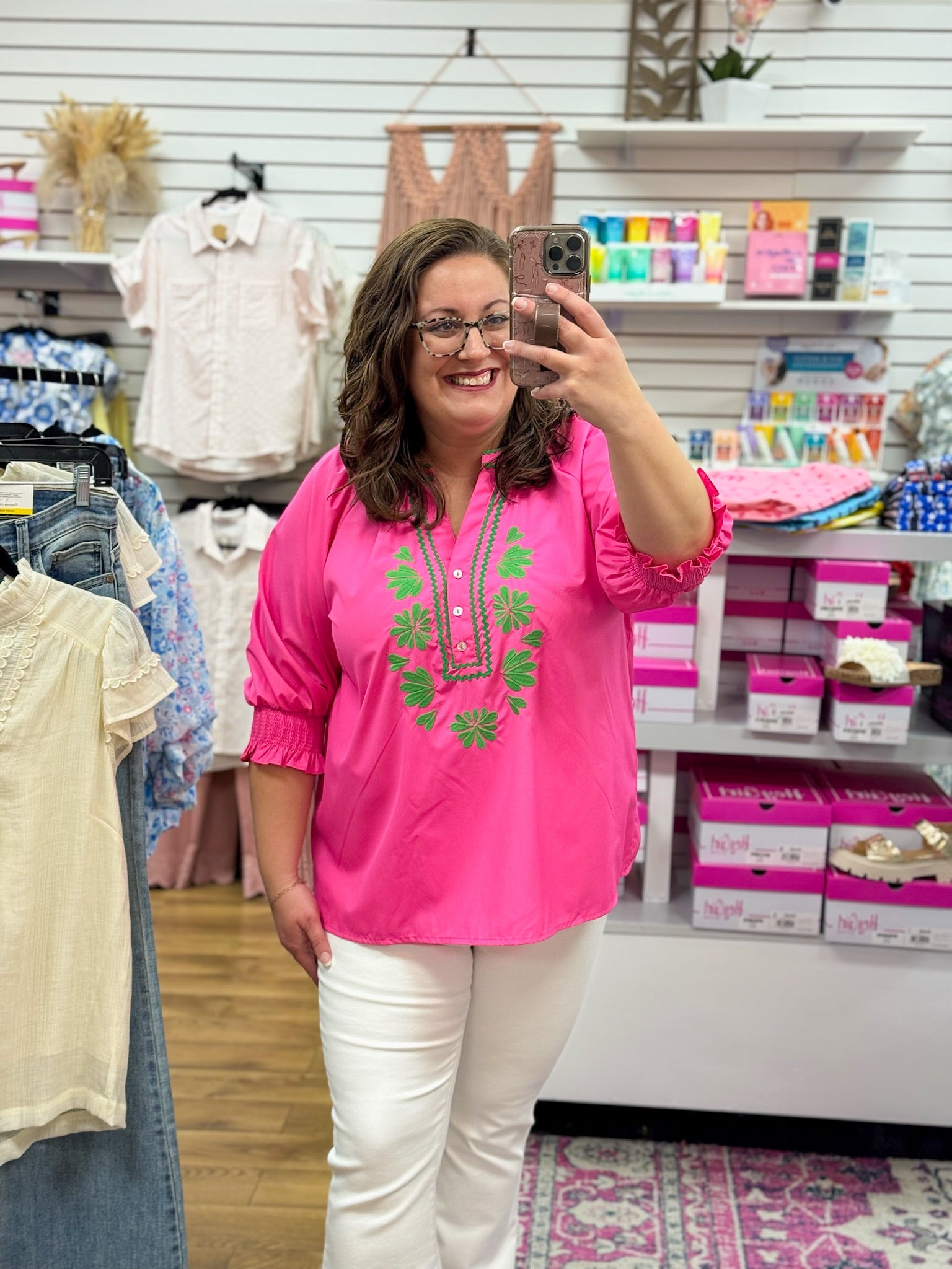 Hot Pink 3/4 Sleeve Top wth Embroidered Neckline - A'Bekah's Boutique