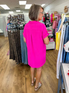 Hot Pink Button Down Short Sleeve Shirt Dress - A'Bekah's Boutique