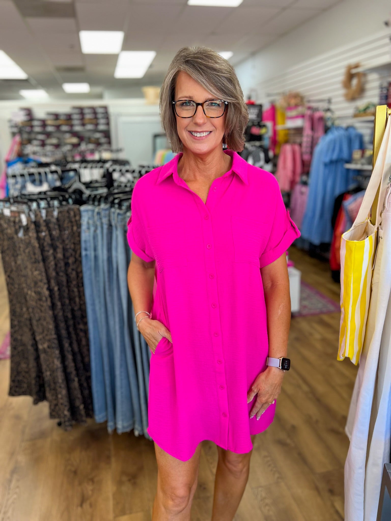 Hot Pink Button Down Short Sleeve Shirt Dress - A'Bekah's Boutique