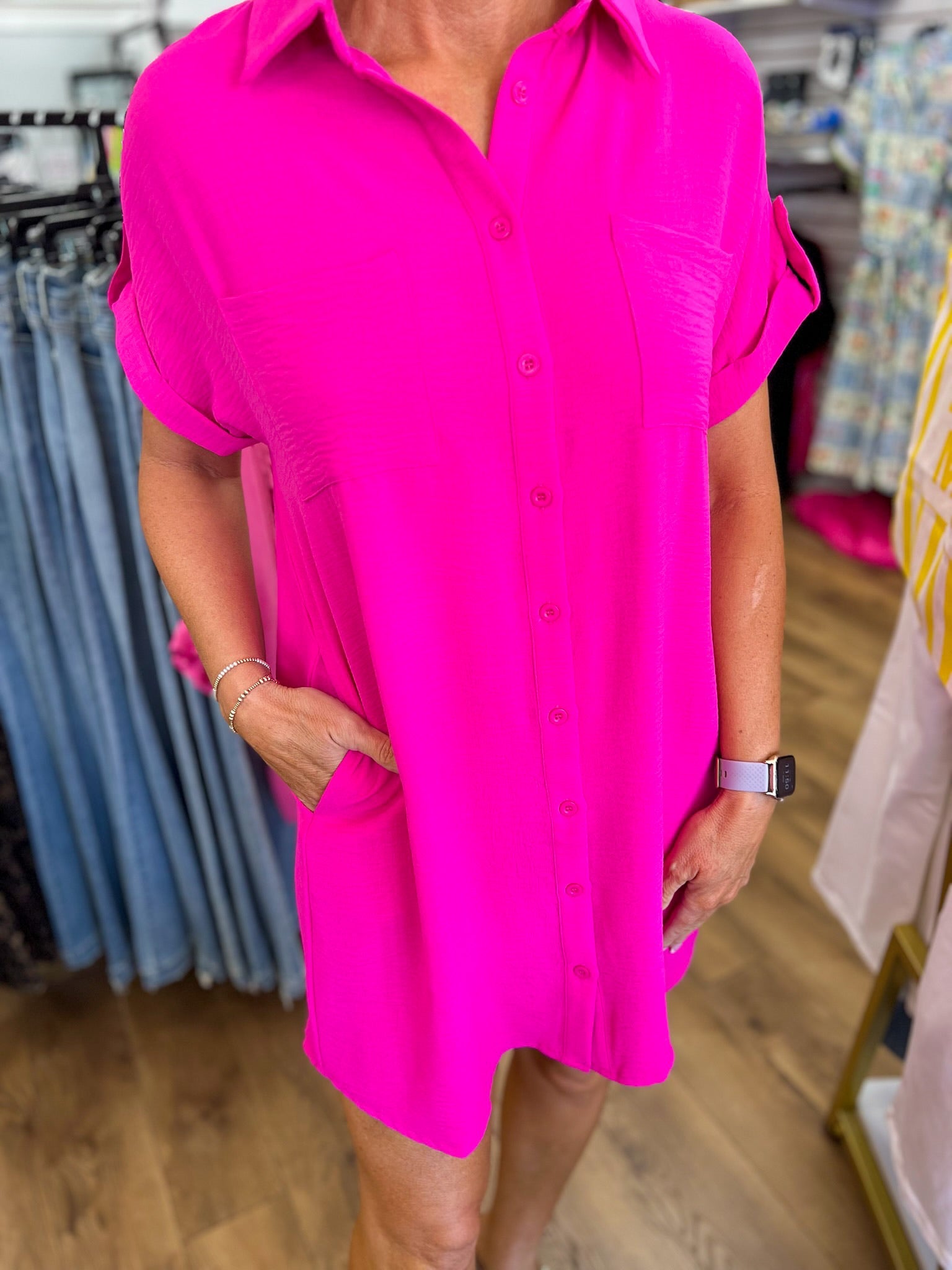 Hot Pink Button Down Short Sleeve Shirt Dress - A'Bekah's Boutique