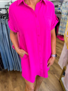 Hot Pink Button Down Short Sleeve Shirt Dress - A'Bekah's Boutique