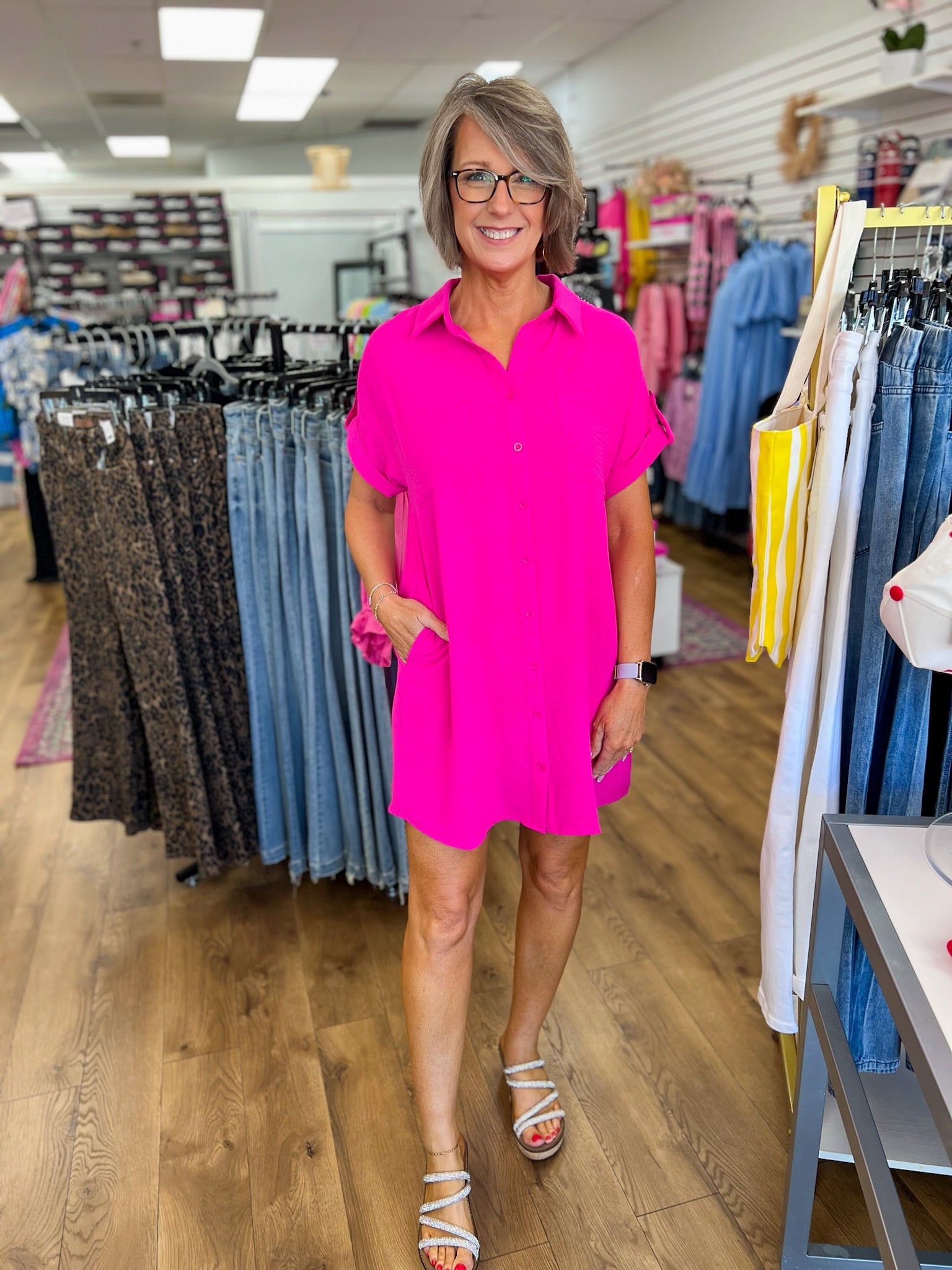 Hot Pink Button Down Short Sleeve Shirt Dress - A'Bekah's Boutique