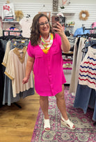 Hot Pink Button Down Short Sleeve Shirt Dress - A'Bekah's Boutique