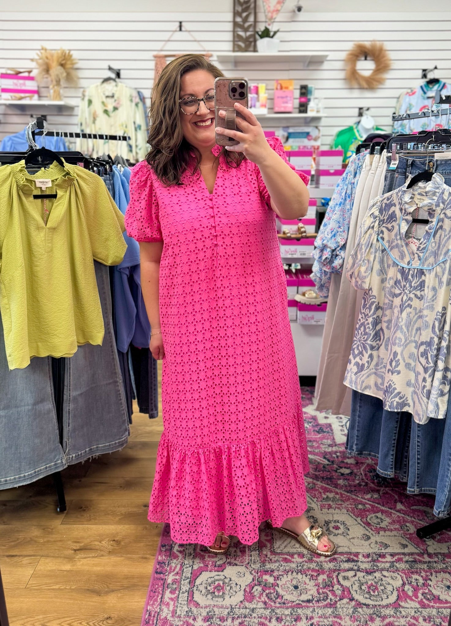 Hot Pink Eyelet Lace V - Neck Midi Dress with Short Puff Sleeves - A'Bekah's Boutique