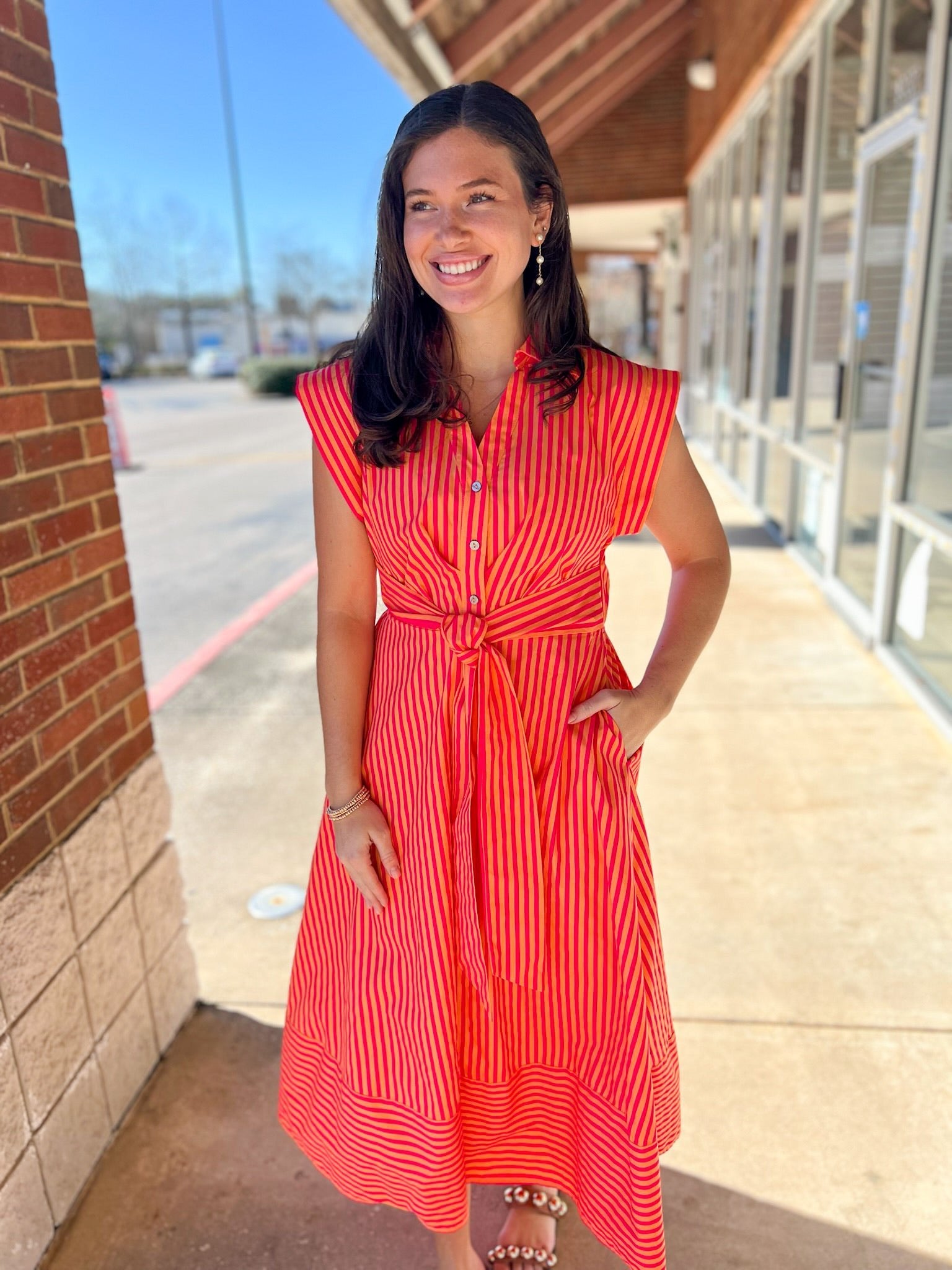 Hot Pink Striped Midi Dress with Tie Waist - A'Bekah's Boutique