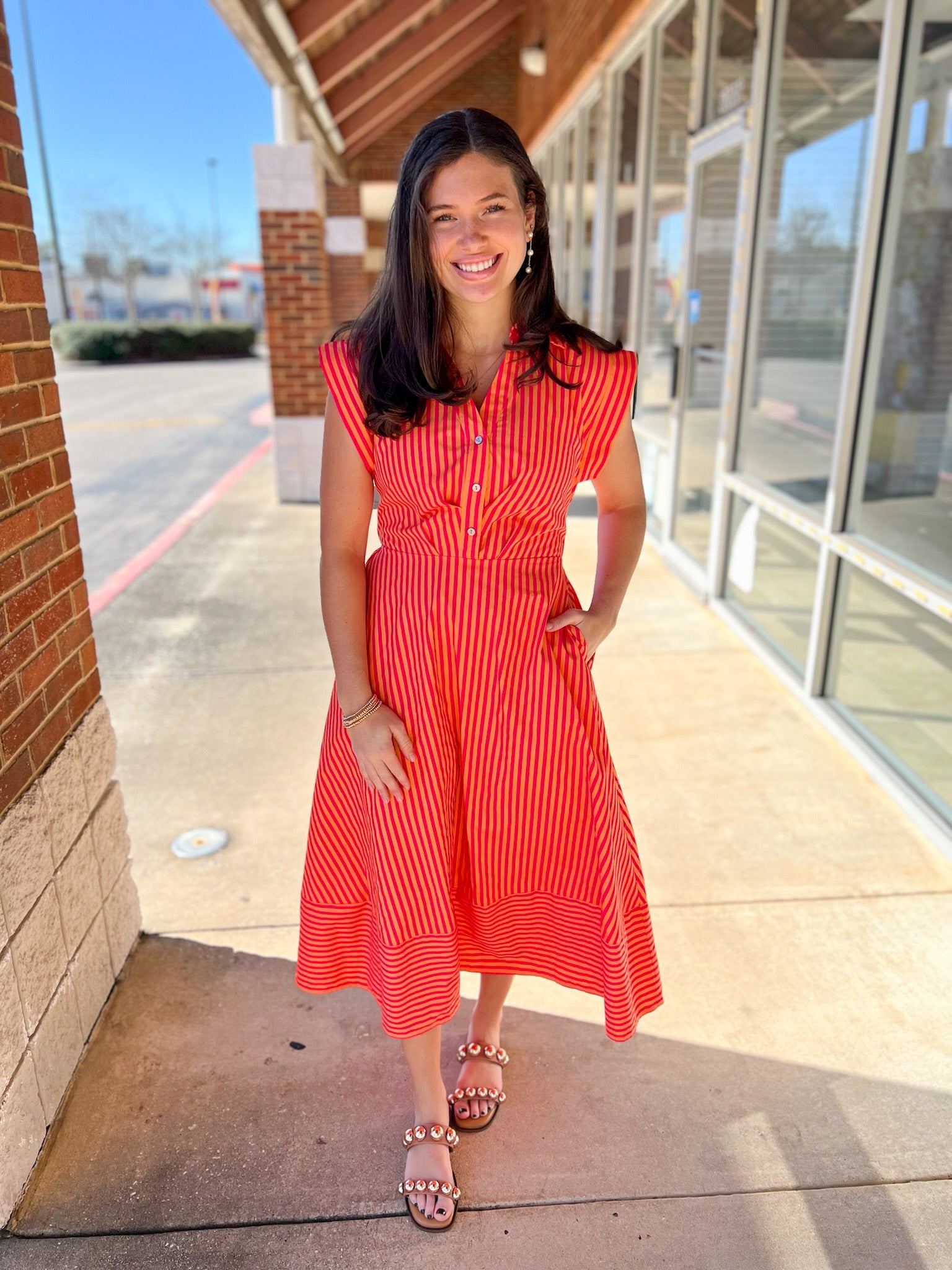 Hot Pink Striped Midi Dress with Tie Waist - A'Bekah's Boutique