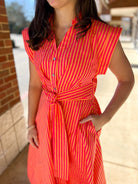 Hot Pink Striped Midi Dress with Tie Waist - A'Bekah's Boutique