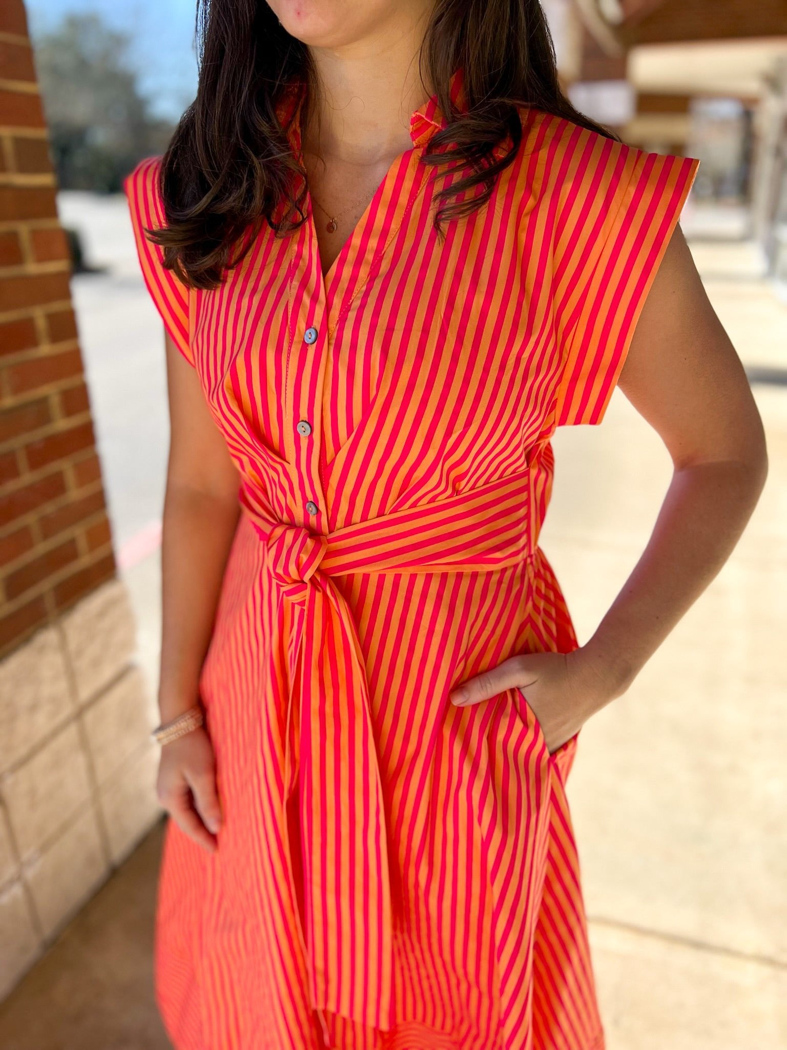 Hot Pink Striped Midi Dress with Tie Waist - A'Bekah's Boutique