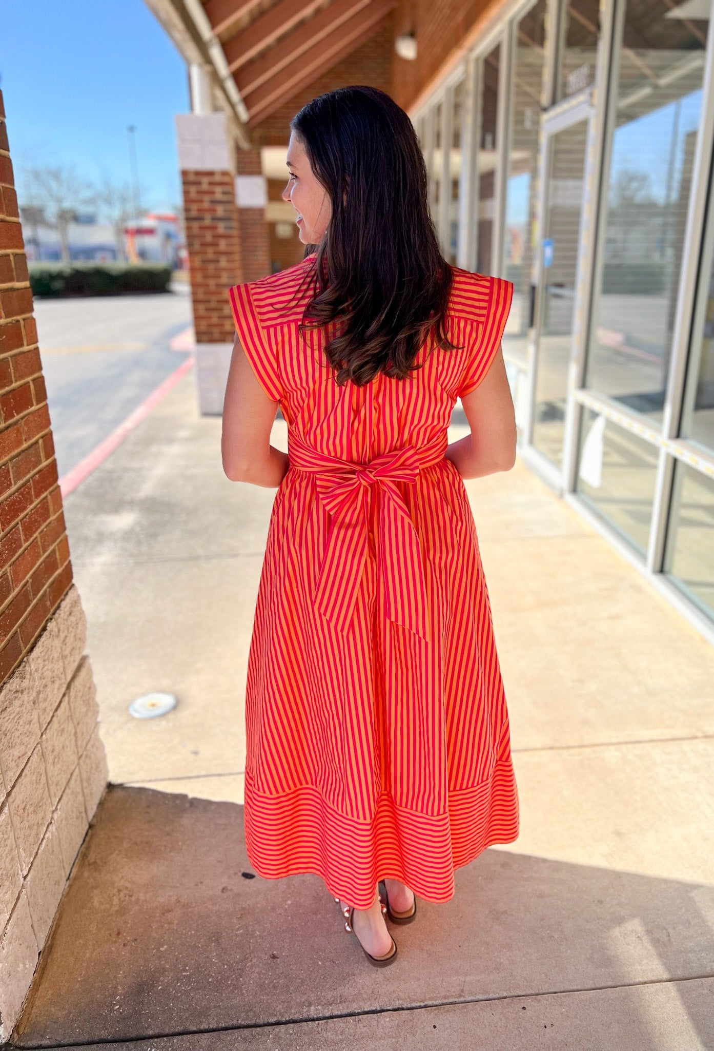 Hot Pink Striped Midi Dress with Tie Waist - A'Bekah's Boutique