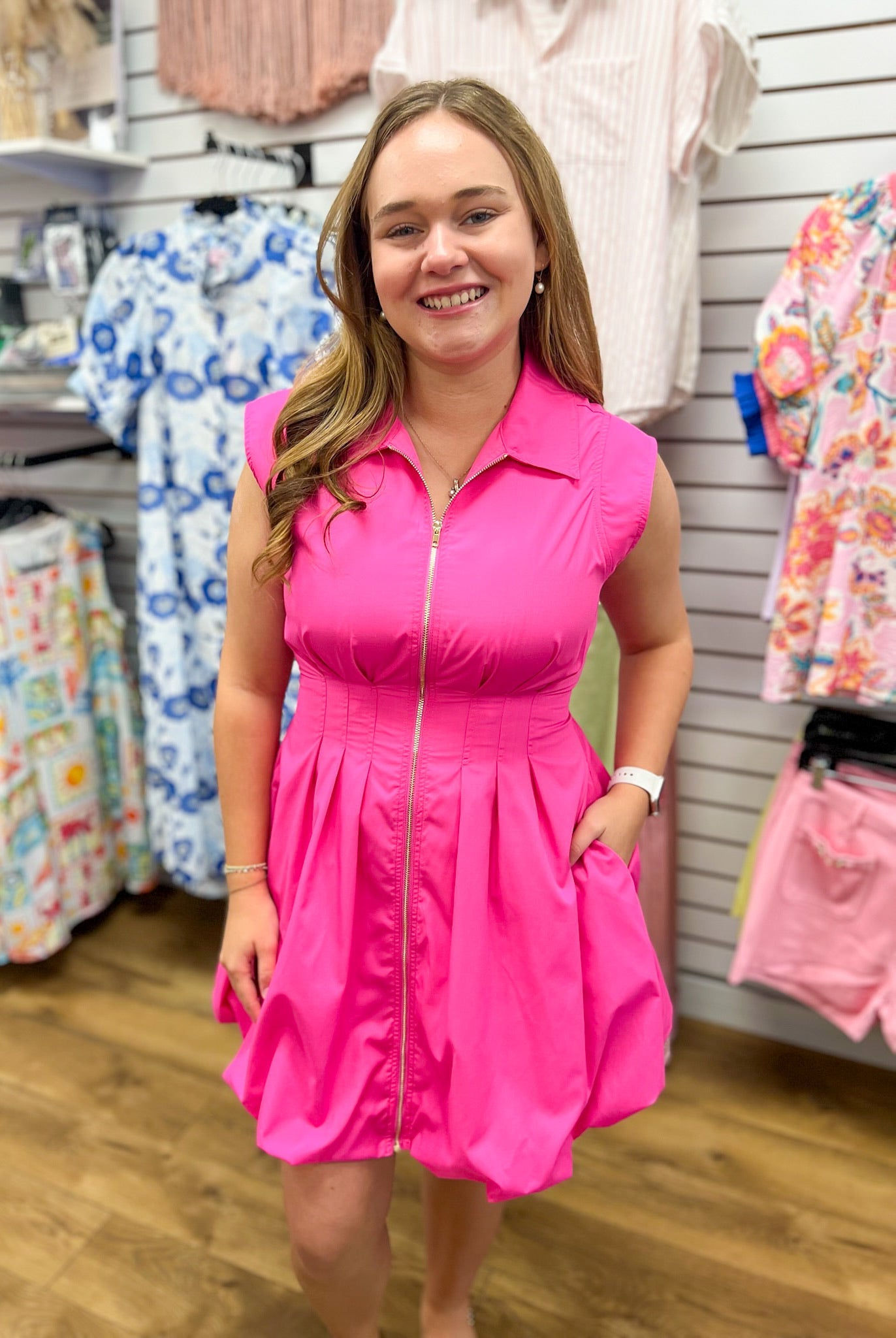 Hot Pink Zip Front Dress with Bubble Hem - A'Bekah's Boutique