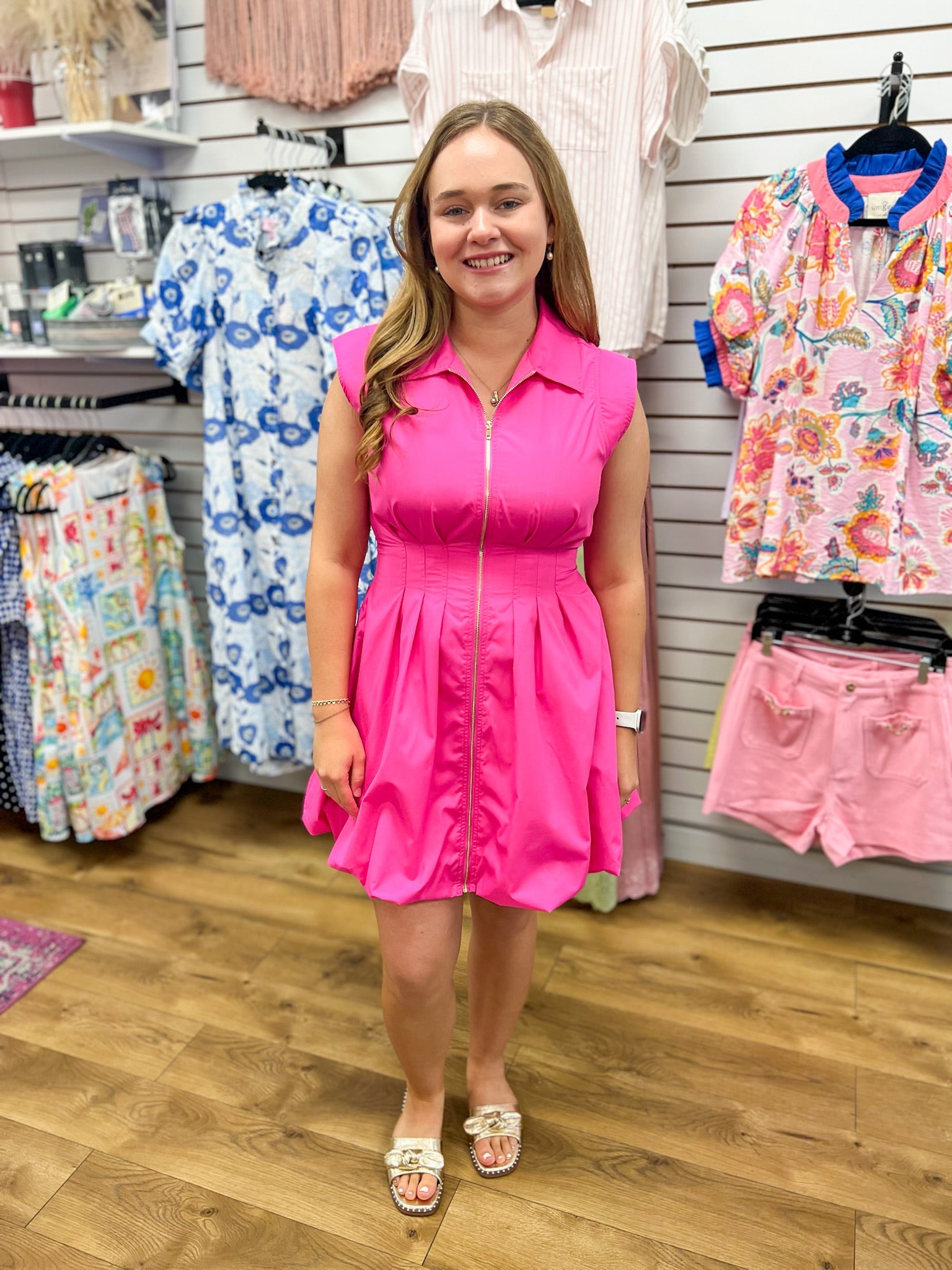 Hot Pink Zip Front Dress with Bubble Hem - A'Bekah's Boutique