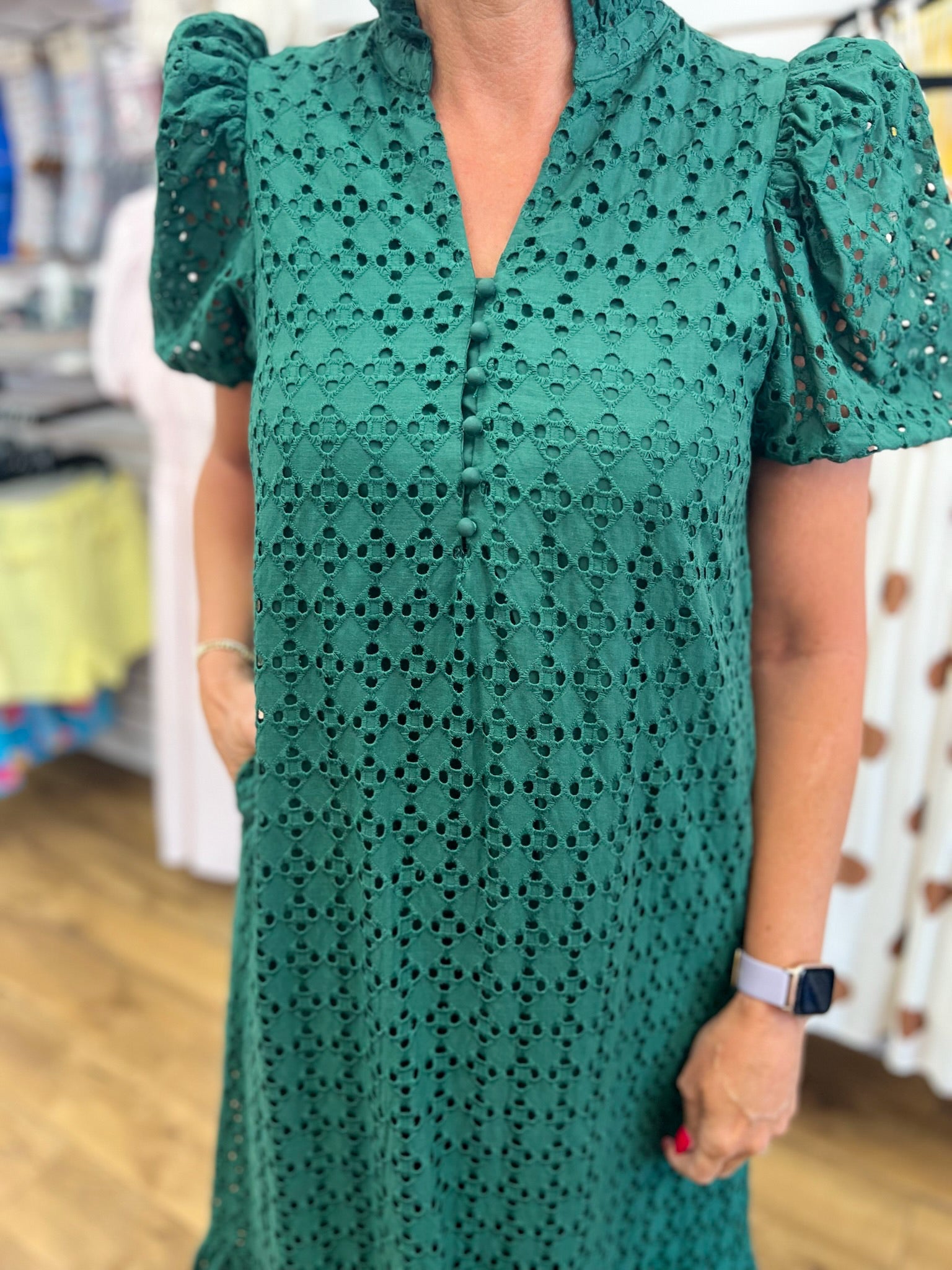 Hunter Green Eyelet Lace V-Neck Midi Dress with Short Puff Sleeves - A'Bekah's Boutique