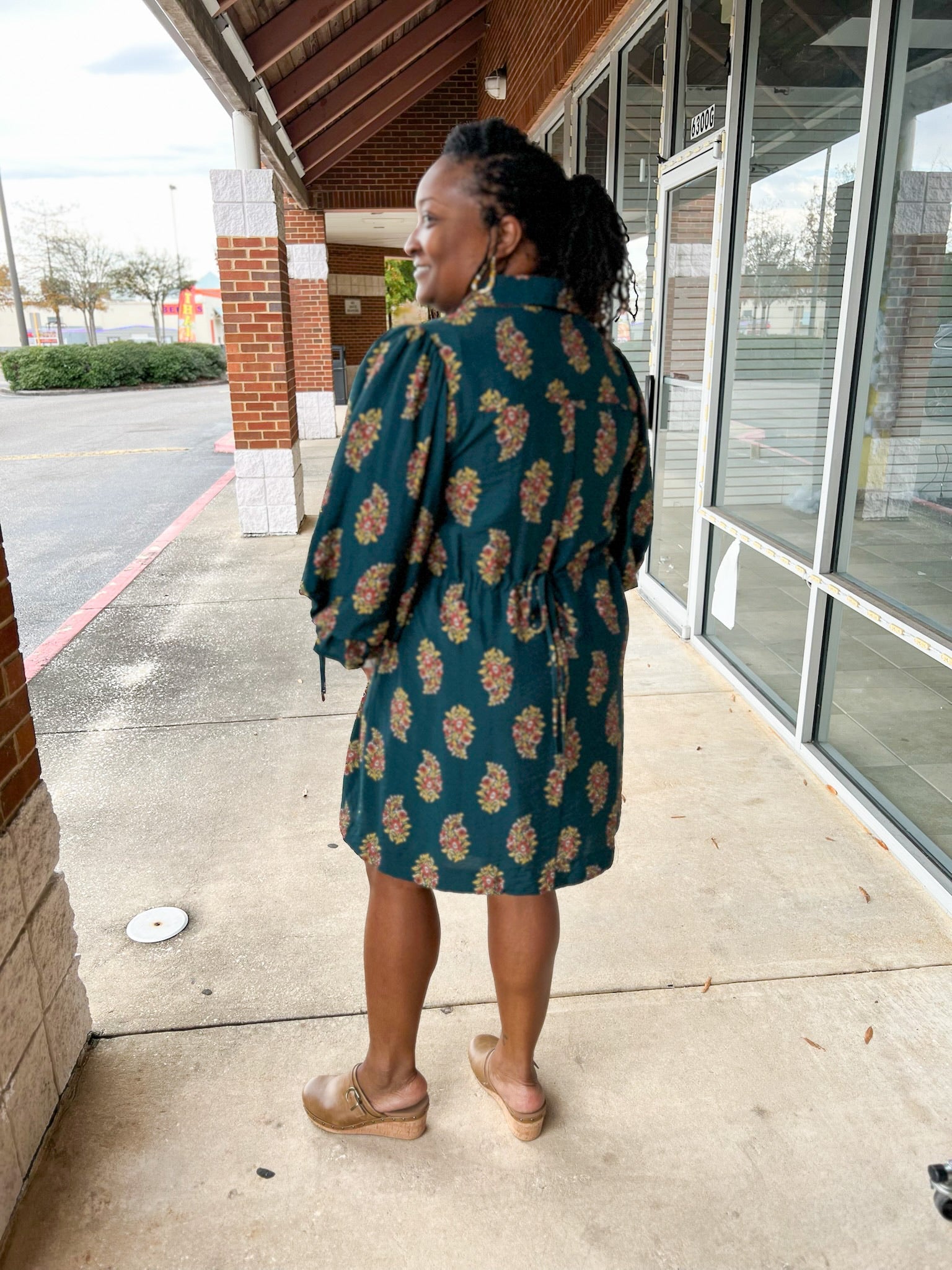 Hunter Green Floral 3/4 Sleeve V - Neck Dress (C) - A'Bekah's Boutique