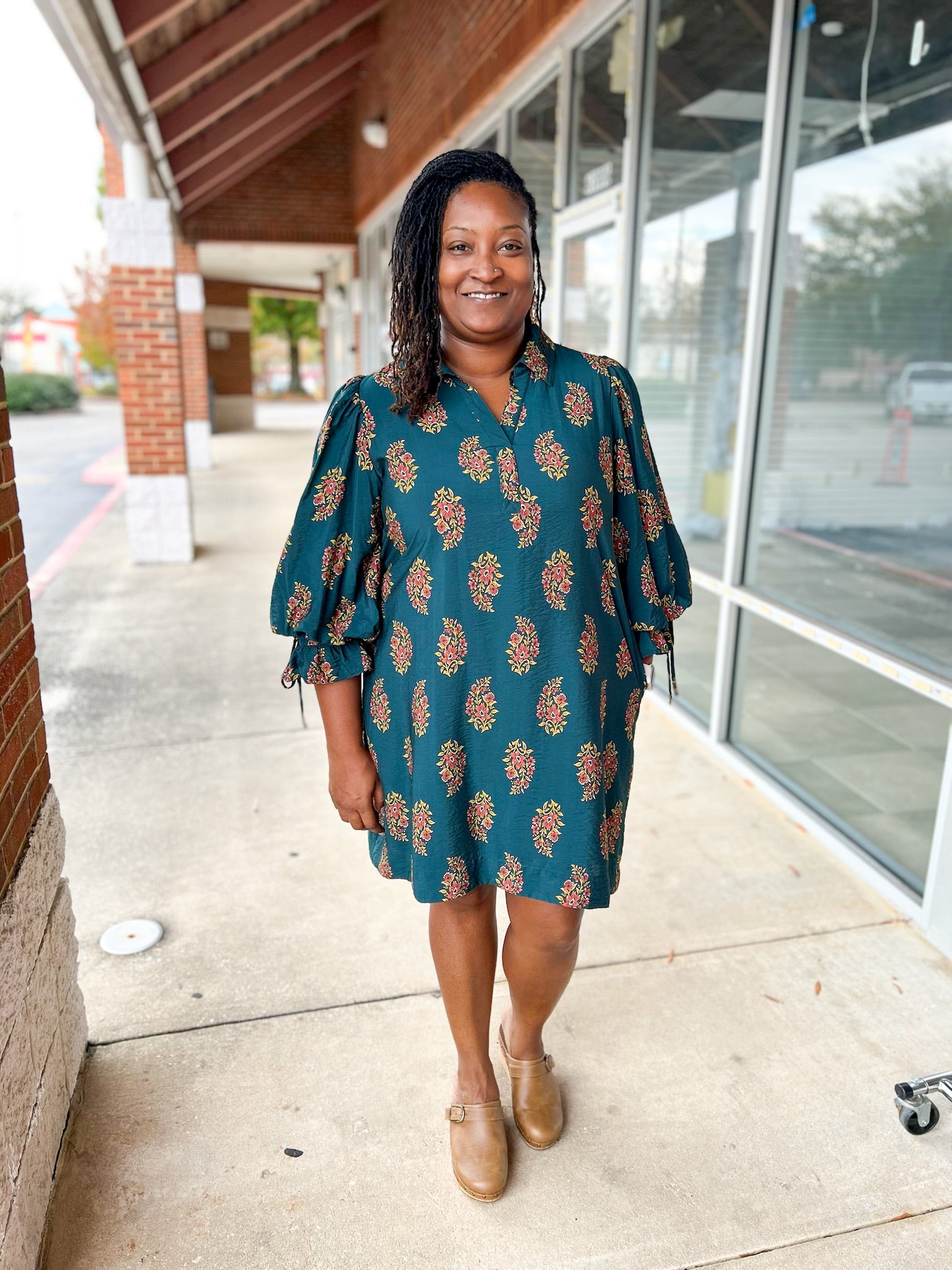 Hunter Green Floral 3/4 Sleeve V - Neck Dress (C) - A'Bekah's Boutique