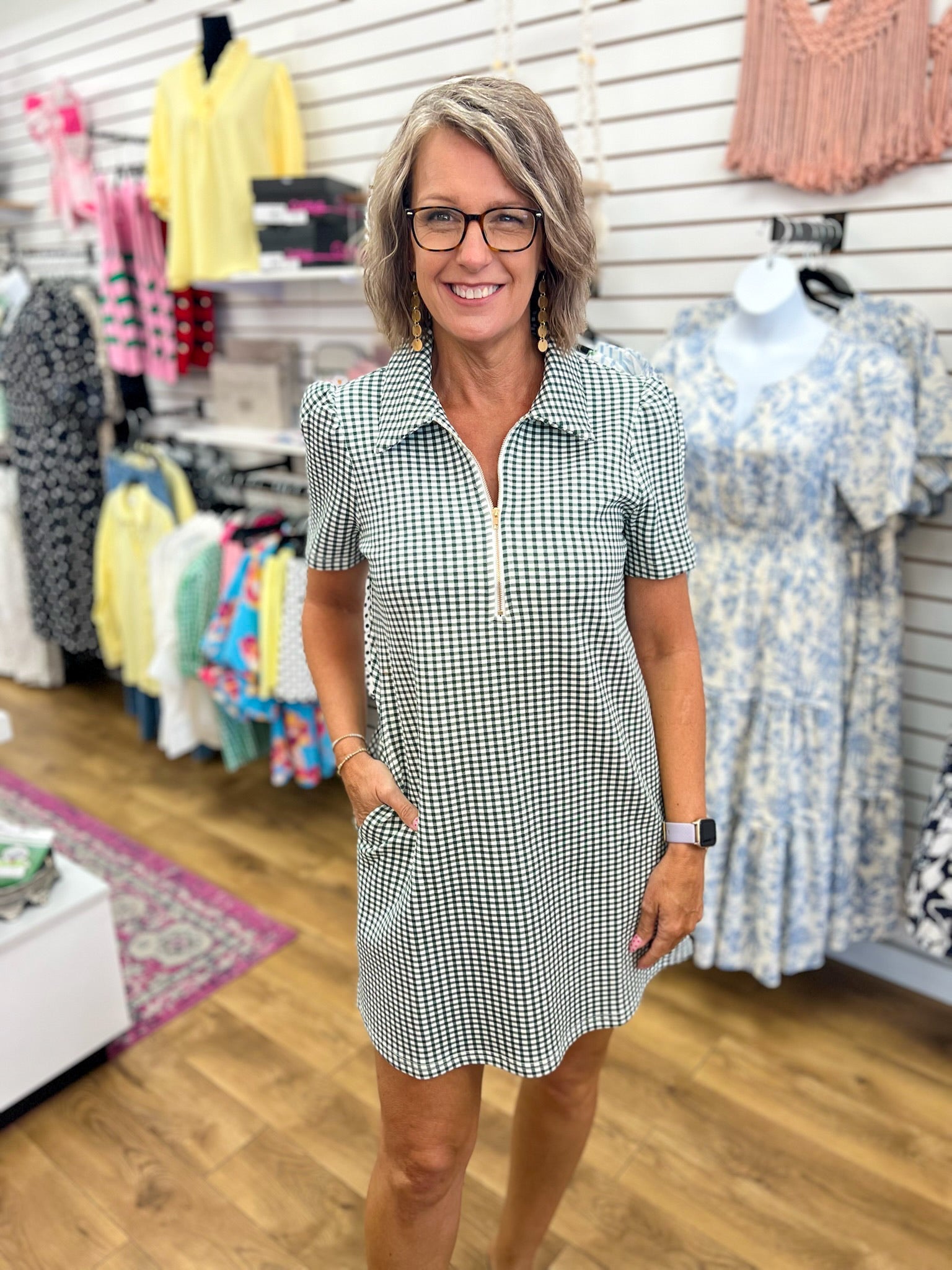 Hunter Green Gingham Half Zip Dress with Pockets - A'Bekah's Boutique