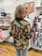 Hunter Green Paisley Print V-Neck Top with Bubble Sleeves - A'Bekah's Boutique