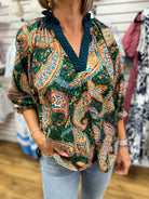 Hunter Green Paisley Print V-Neck Top with Bubble Sleeves - A'Bekah's Boutique