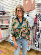 Hunter Green Paisley Print V-Neck Top with Bubble Sleeves - A'Bekah's Boutique